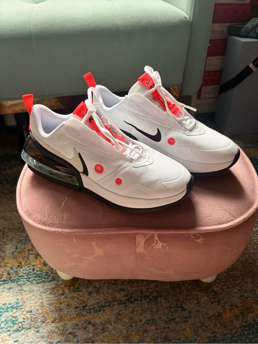 Nike White Sneakers with Black Swoosh & Coral Accents